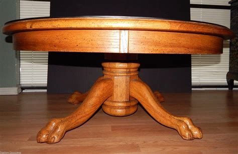 $213....Antique 42" Round Solid Oak Pedestal Coffee Table, Carved Claw Feet & Glass Top ...