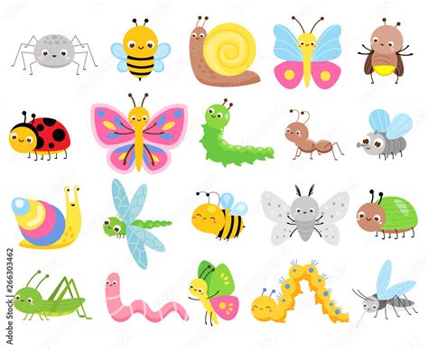 Cute insects. Big set of cartoon insects for kids and children ...