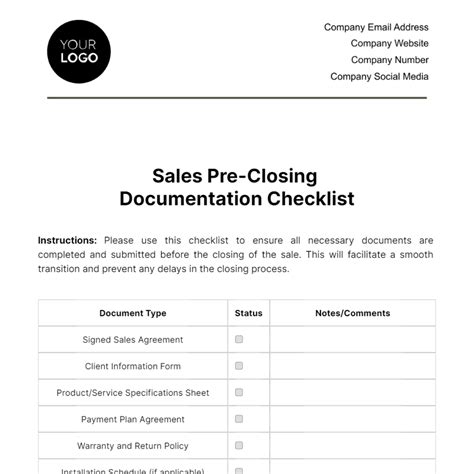 Sales Pre-Closing Documentation Checklist Template - Edit Online & Download Example | Template.net