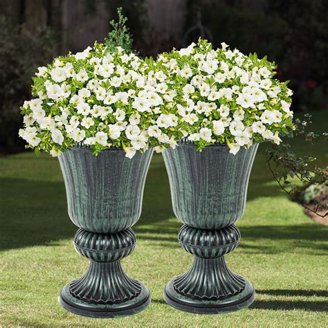 Set of 2 Green Garden Urn Patio Planters Outdoor & Indoor Large Plant ...