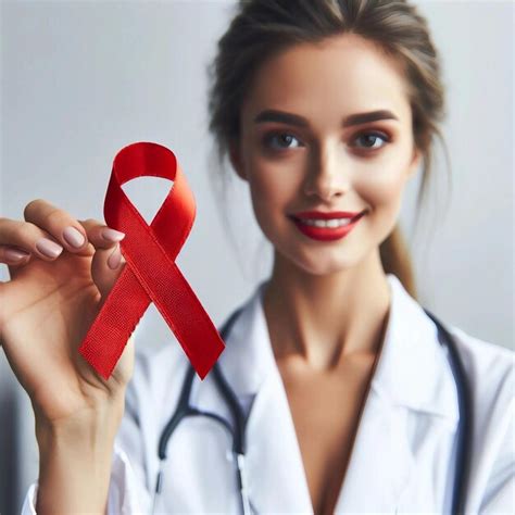 Premium AI Image | A woman physician proudly displaying a red AIDS ribbon