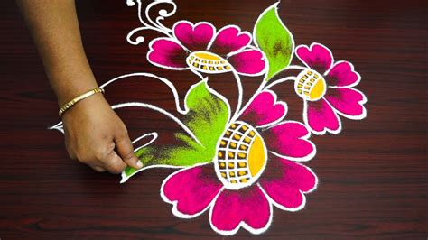 Simple flower rangoli with colour for margazhi - freehand kolam 2019 - with out dots muggulu ...