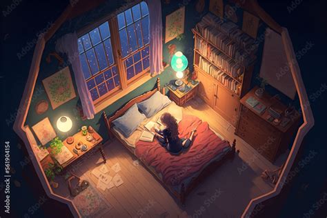 Anime cute girl studying in her room, chill, cozy vibes Stock Illustration | Adobe Stock