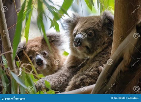 Koala Family with Father and Mother in Tall Eucalyptus Tree Stock ...