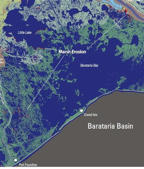 Map of wetland loss in Barataria Bay shown by red colored areas (from ...