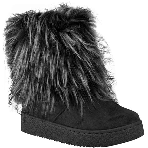 WOMENS LADIES FLAT Faux Fur Furry Winter Ankle Boots Low Heel Fluffy Casual Size $24.19 - PicClick