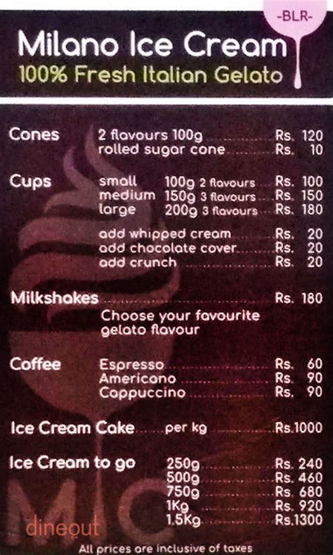 Menu of Milano Ice Cream, Indiranagar, Bangalore | Dineout discovery