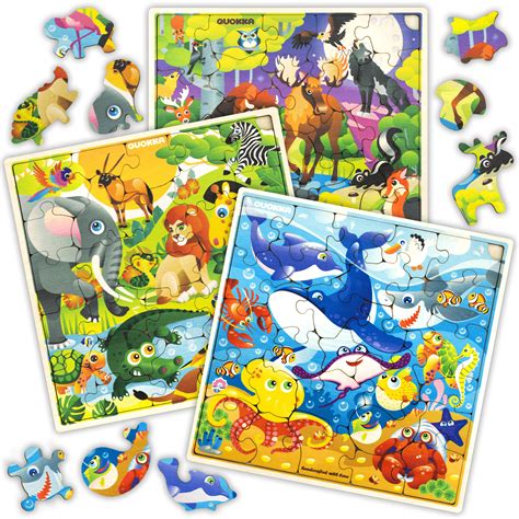 Wooden Jigsaw Puzzles for Kids Ages 4-8, 3 Pack Puzzles, Children Toddlers Games for Learning ...