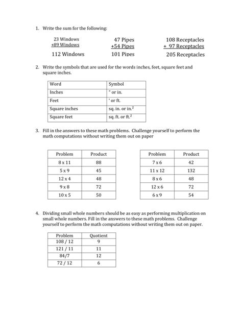 Construction Math Worksheet KEY