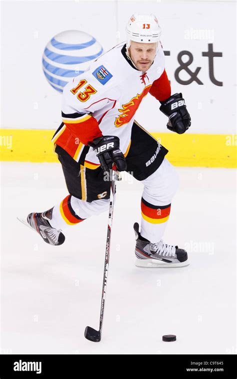 Feb. 16, 2012 - Dallas, Texas, US - Calgary Flames Forward OLLI JOKINEN (13) in action between ...