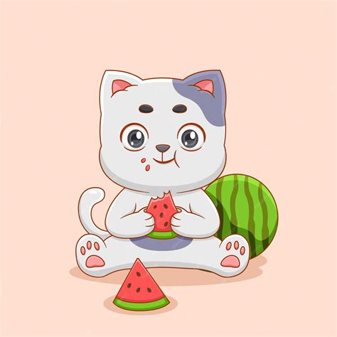 Premium Vector | Cute cat eating watermelon illustration