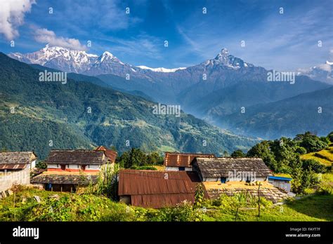 Nepalese village in the Himalaya mountains near Pokhara in Nepal Stock ...