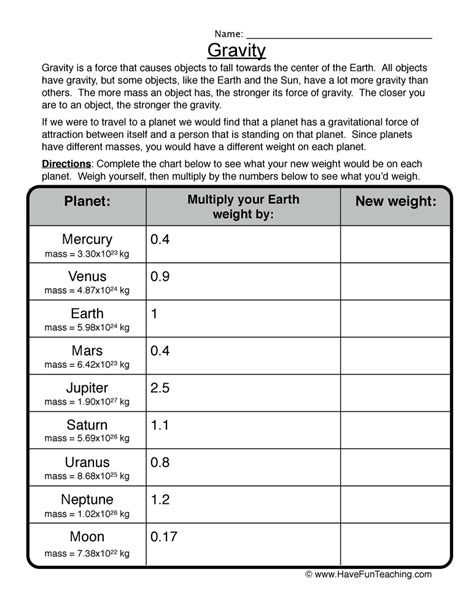 Weight Gravity Worksheet by Teach Simple