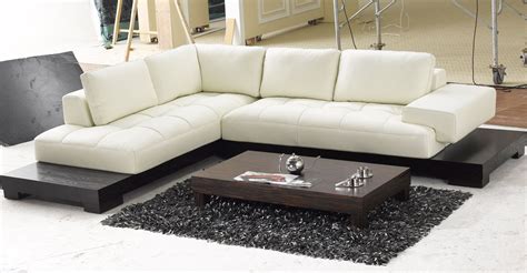 Contemporary L Shaped Cream Leather Sectional Sofa with Modern Wood ...