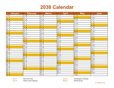 2038 Calendar on 2 Pages, Landscape Orientation | WikiDates.org