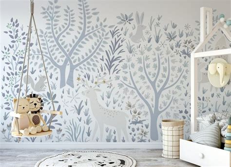 Woodland Forest Wall Mural on White 520 | Etsy | Forest wall mural, Nursery wallpaper, Removable ...