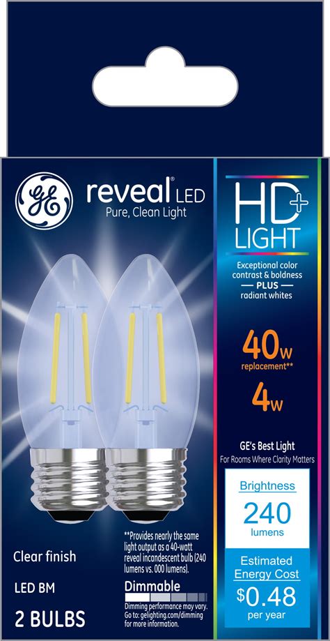 GE LED 4W (40W Equivalent) HD Reveal Color, Decorative Clear Light Bulbs, Medium Base, Dimmable ...