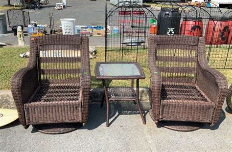 Three pc outdoor furniture lot, all weather wicker swivel rocker chairs ...