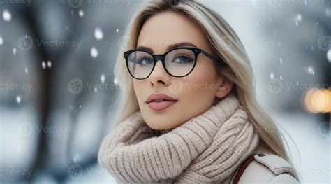 Beautiful female wearing glasses against winter ambience background with space for text ...