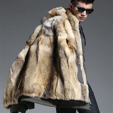 Wolf Fur Coat Men Winter Warm Fur Coat Hooded Long Style Jacket Thick Real Fur Coat Natural Fur ...