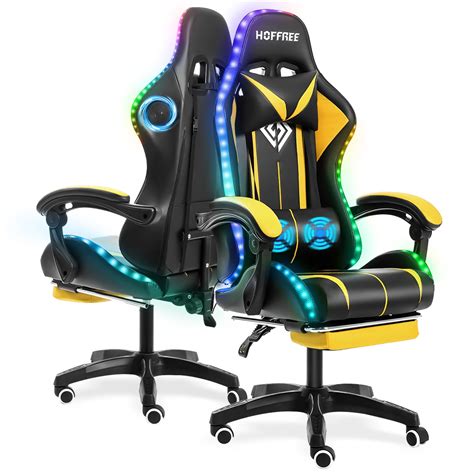 Hoffree Gaming Chair with Bluetooth Speakers Office Chair with Footrest and LED Lights Ergonomic ...