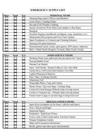 8+ SAMPLE Emergency Supply Lists in PDF | MS Word