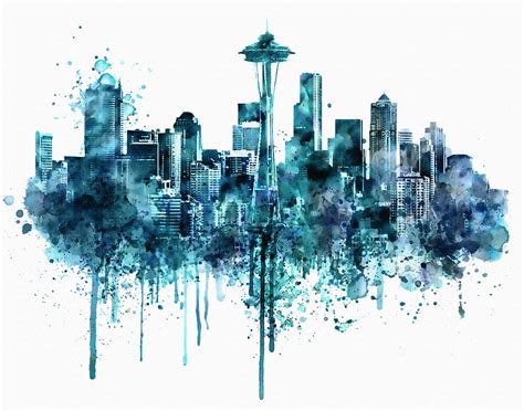 Seattle Skyline Monochrome Watercolor Painting by Marian Voicu
