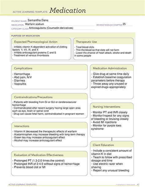 Warfarin - ACTIVE LEARNING TEMPLATES THERAPEUTIC PROCEDURE A Medication STUDENT NAME - Studocu