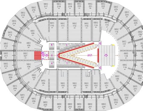 the seating plan for an arena with seats in red, yellow and blue on each side