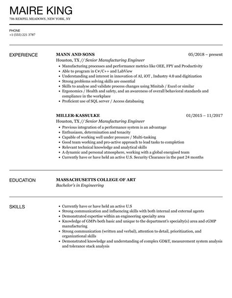 Senior Manufacturing Engineer Resume Samples | Velvet Jobs