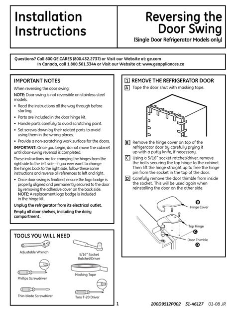 GE SINGLE DOOR REFRIGERATOR INSTALLATION INSTRUCTIONS Pdf Download ...