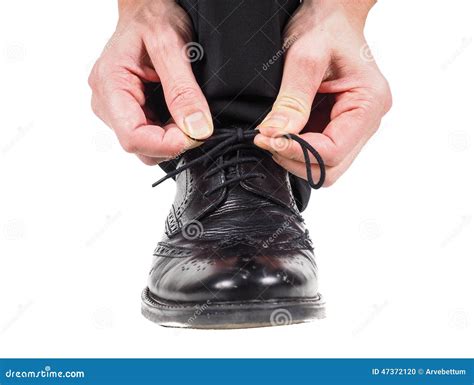 Male Hands Tying Shoelaces on Black Leather Shoes Stock Photo - Image ...