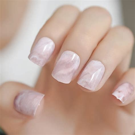 Aliexpress.com : Buy Pink Marble Square Fake Nails Glossy Short Stone Pattern Ladies Falsies ...