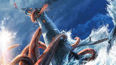Desktop Wallpaper Kraken, Sea Monster, Lighthouse, Art, Hd Image, Picture, Background, S4ofa9