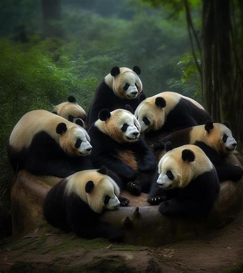 Premium AI Image | Pandas are laying on a log in a forest with trees ...