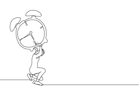 Continuous one line drawing Arabian businessman carrying heavy alarm clock on his back. Tired ...