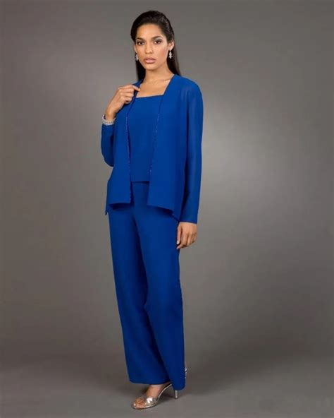 New Arrival 3 Pieces Chiffon Blue Edged Mom's Pant Suits Women Prom ...