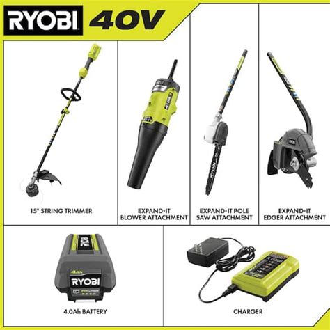 RYOBI 40V Expand-It Kit With String Trimmer, Edger, Pole Saw Leaf Blower Attachments With Ah ...