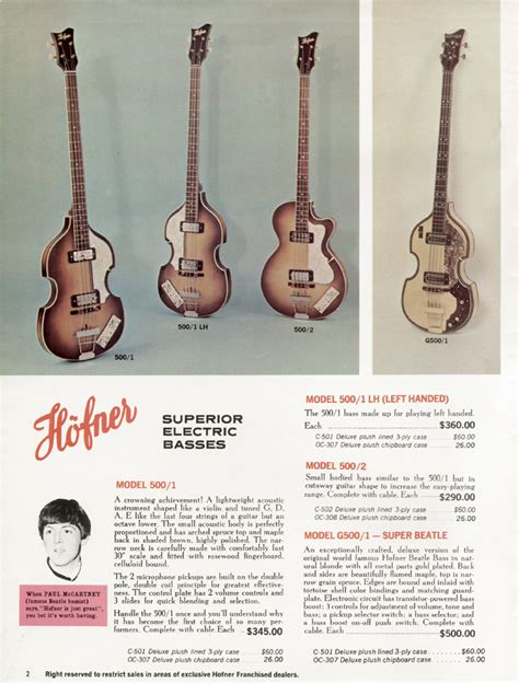 1967 Hofner Guitar and Bass Catalogue page 2 - Hofner 500/1, G500/1 and 500/2 bass guitars