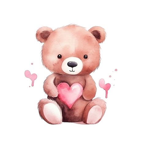 Adorable Brown Bear With Pink Heart Watercolor Valentines Theme, Bear ...