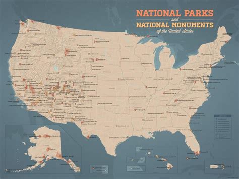 USA National Parks & National Monuments Map Poster - tan & slate blue | National parks, National ...