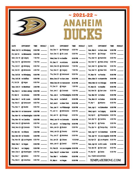 Printable 2021-2022 Anaheim Ducks Schedule