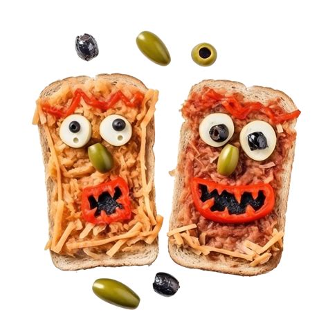 Mummy Toasts With Tomato Sauce, Cheese, And Olives For The Celebration Of Halloween, Cheese ...