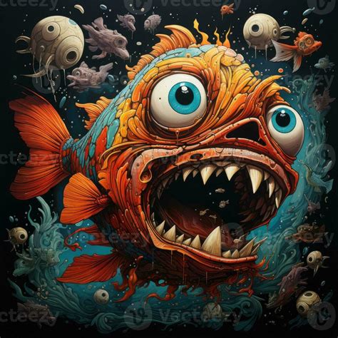 crazy fish angry furious mad portrait expressive illustration artwork oil painted sketch tattoo ...