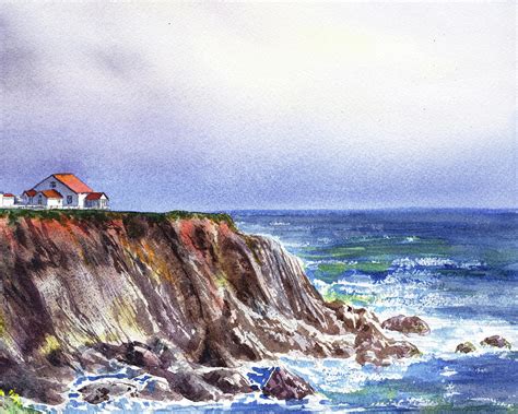 Keepers House On Rocky Cliff At The Ocean Shore Watercolor Painting by Irina Sztukowski - Pixels