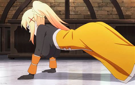 an anime character with blonde hair and black pants is bending over to look at something
