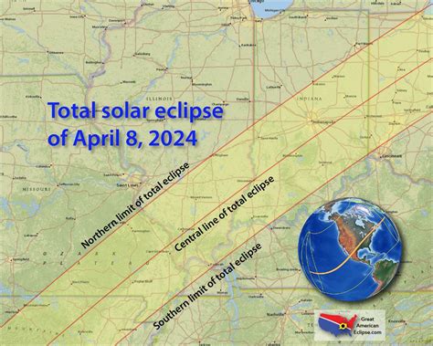 Map of the central United States show where next year's totality (full coverage) of the solar ...