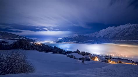 Download Landscape Blue House Mountain Night Earth Photography Winter HD Wallpaper