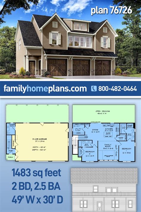 Plan 76726 | 3 Bay Garage-Living Plan With 2 Bedrooms | Carriage house plans, Garage house plans ...