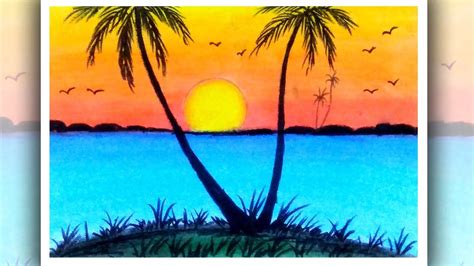 How to draw sea beach scenery | Sunset scenery drawing - YouTube